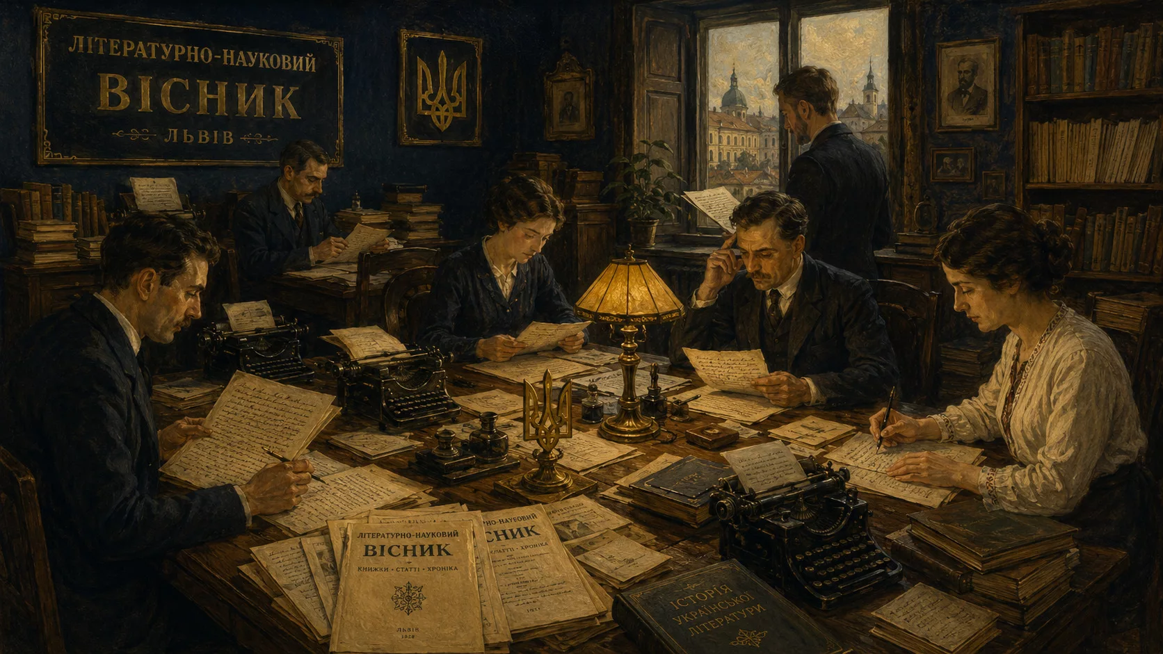 Редакція ЛНВ у Львові 1922-1932 із журналістами за столом