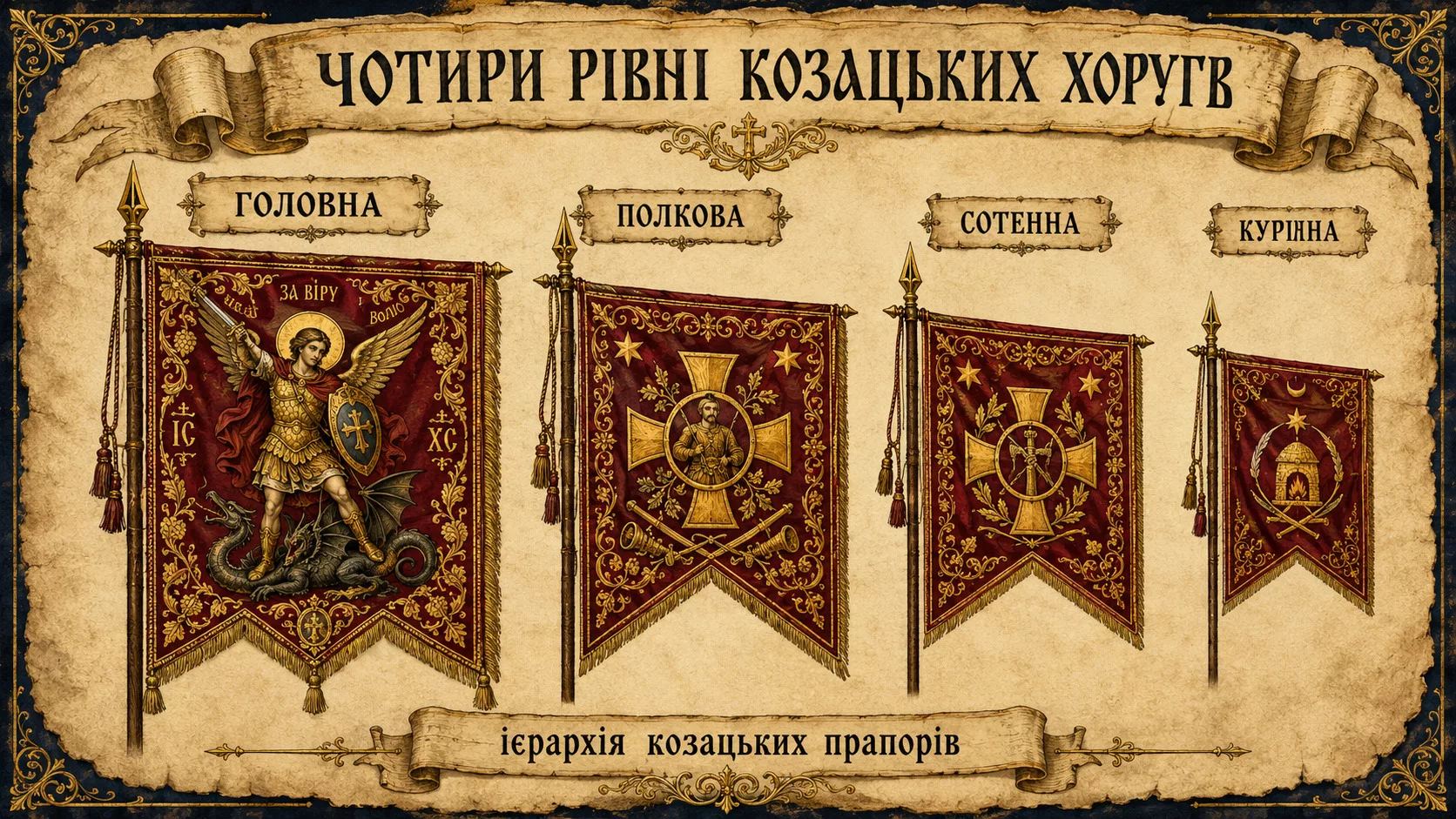 Чотири рівні козацьких хоругв: головна, полкова, сотенна, курінна