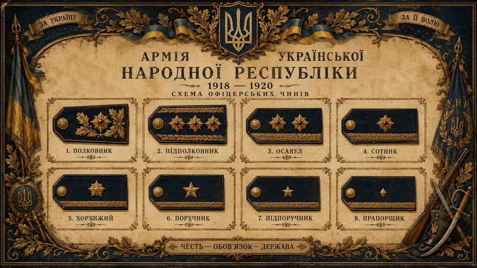 Схема звань Армії УНР 1918-1920: вісім нагрудних знаків у золотих рамках