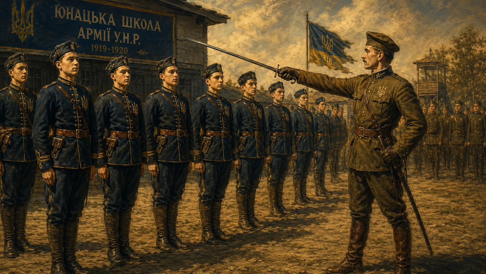 Юнацька школа УНР 1919-1920: юнаки на плацу з інструктором