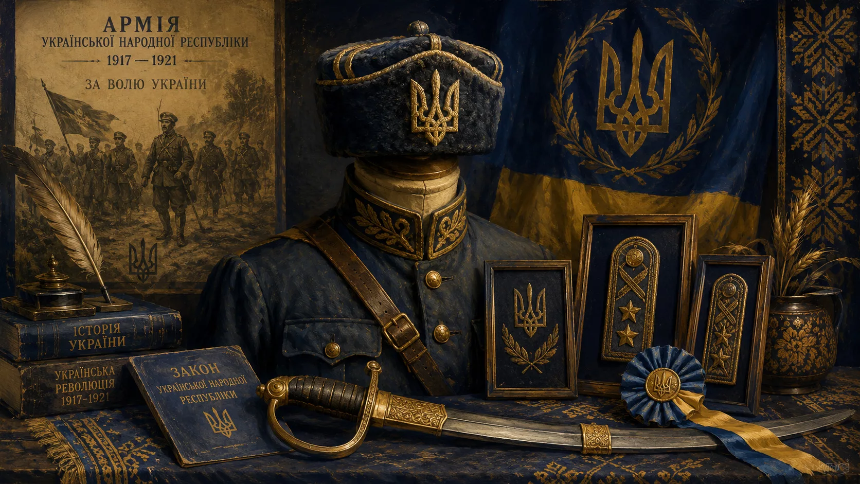 Натюрморт уніформи Армії УНР: мазепинка з тризубом, шабля, нагрудні знаки