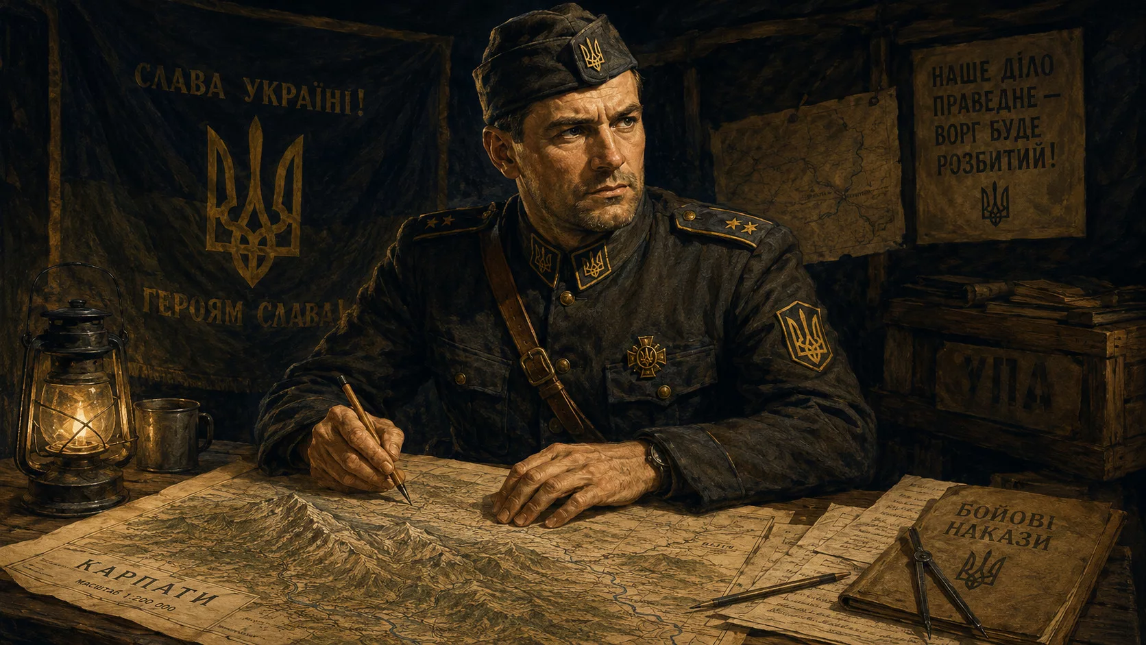 Портрет командира УПА 1943-1950 у мазепинці з мапою Карпат