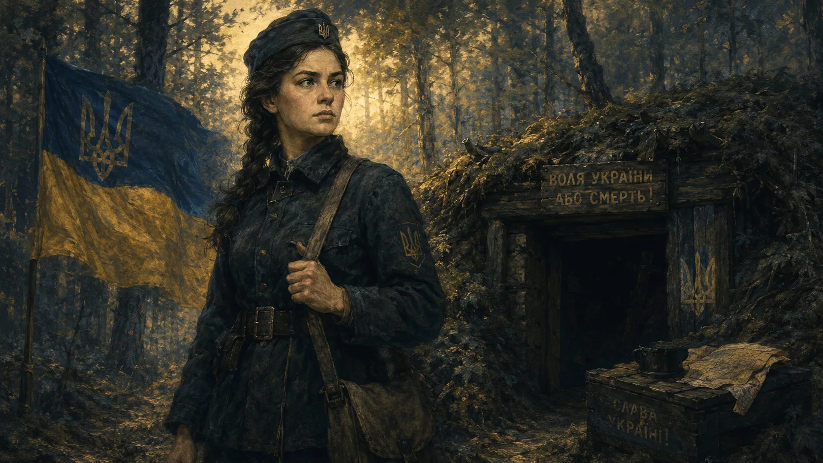 Жінка-повстанка УПА 1940-х біля лісової криївки з прапором