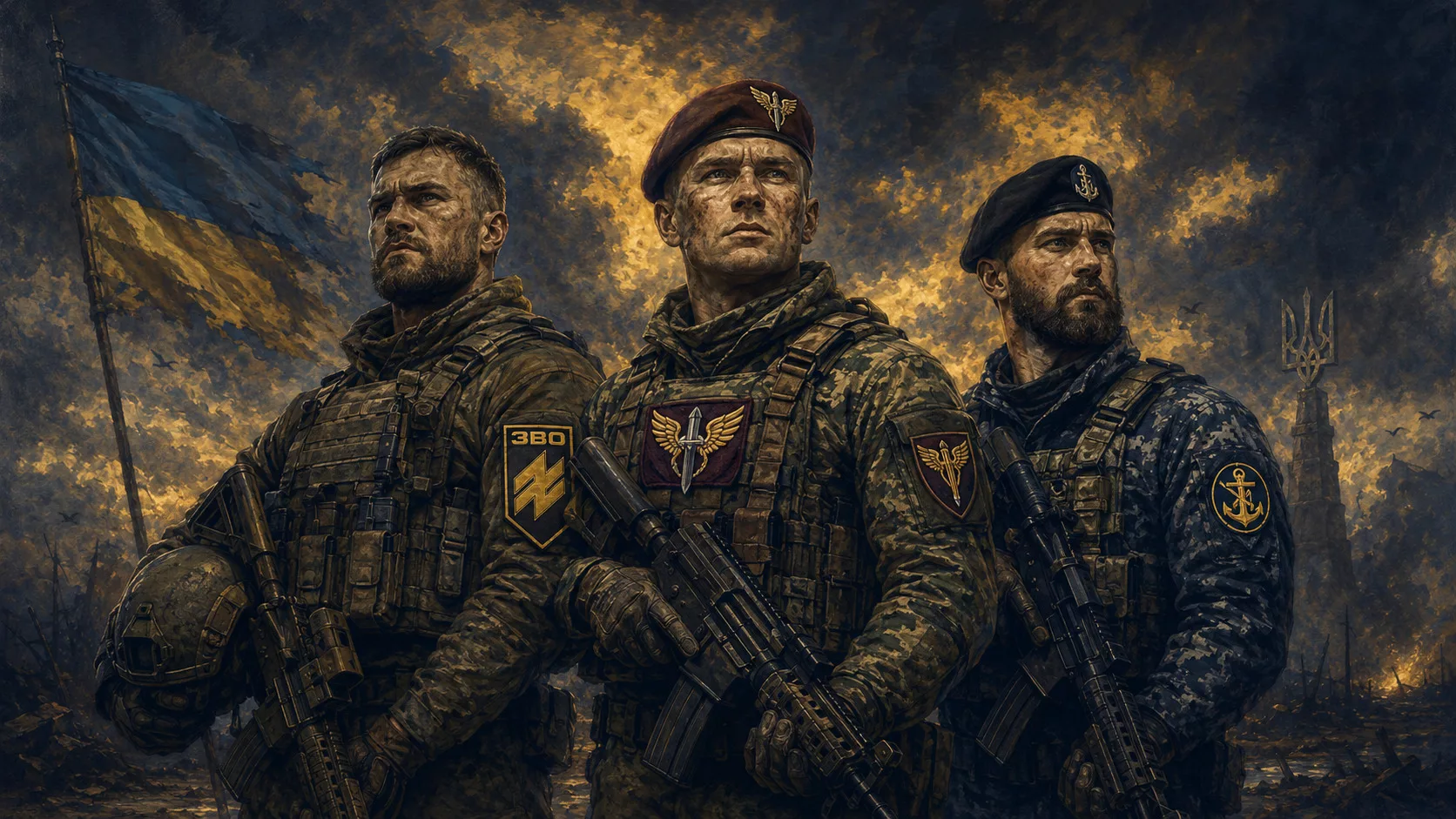 Три українських воїни різних родів військ: Азов, ДШВ, морська піхота