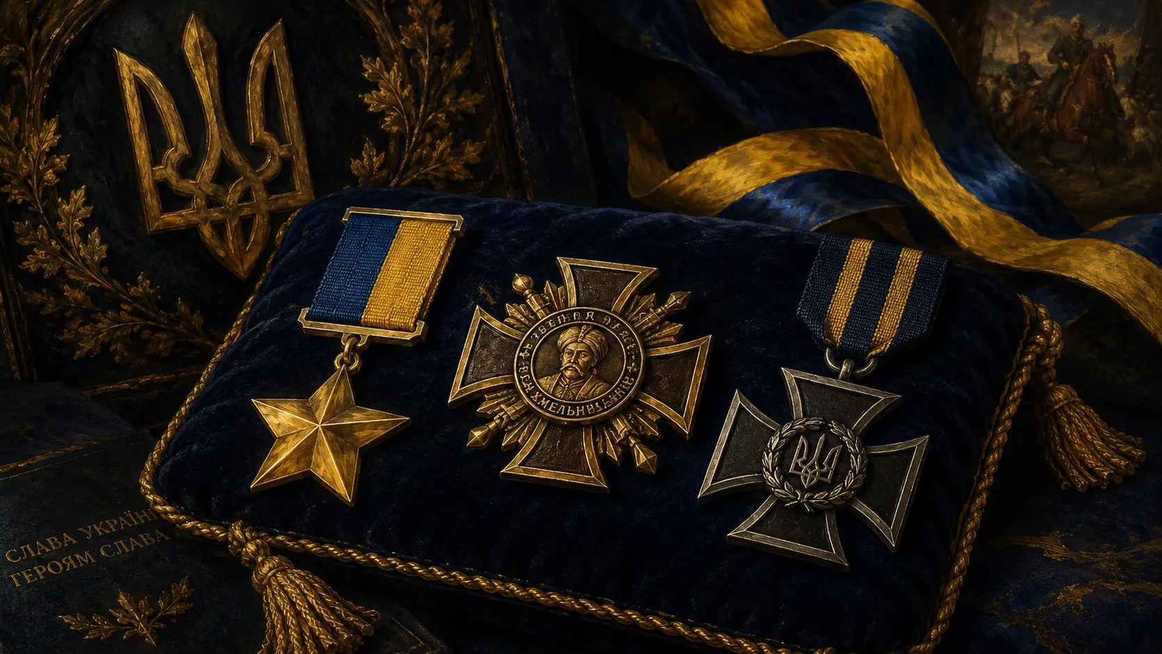 Натюрморт бойових нагород: Золота Зірка, хрест Хмельницького, медалі
