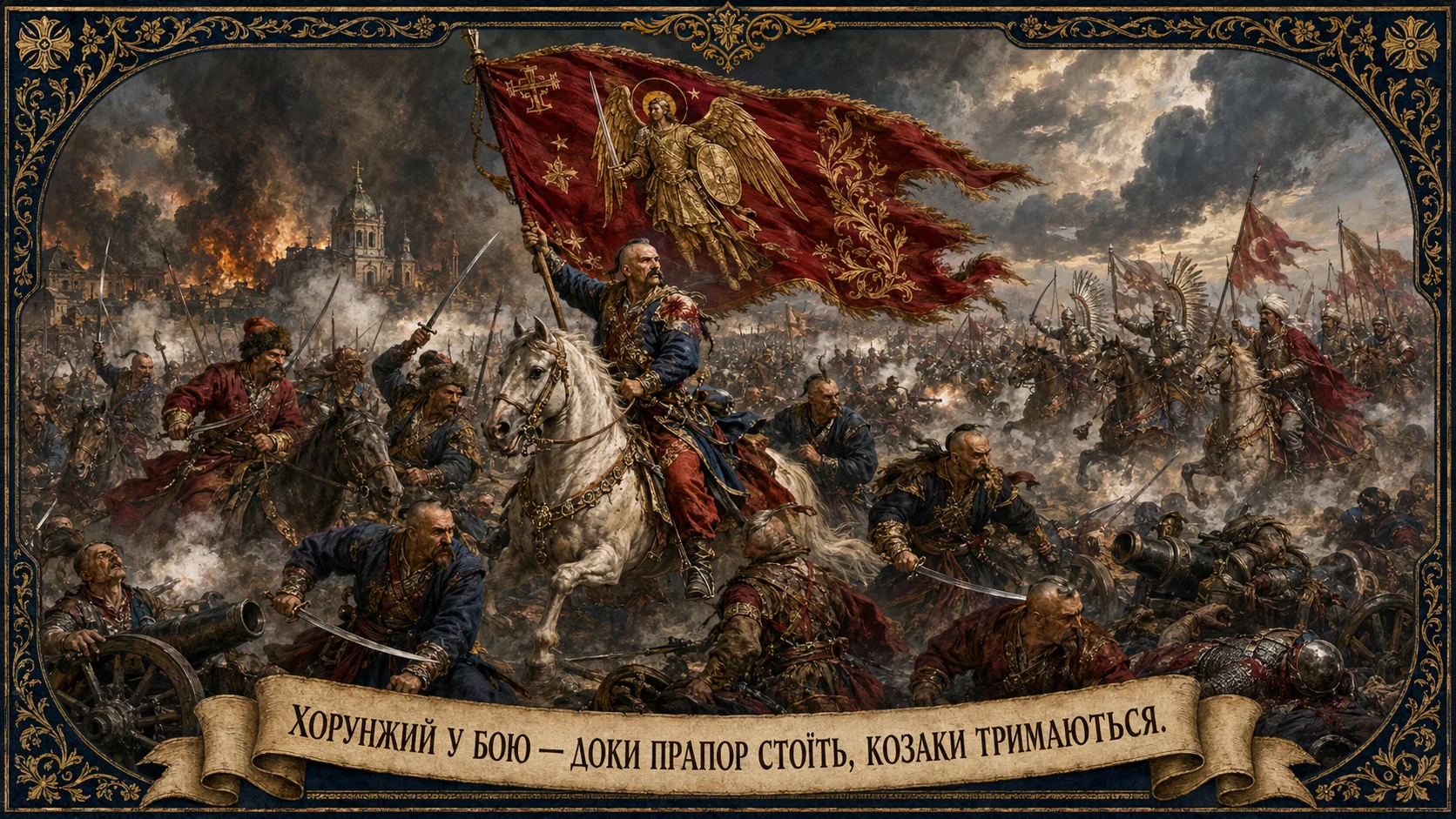 Хорунжий тримає хоругву в бою