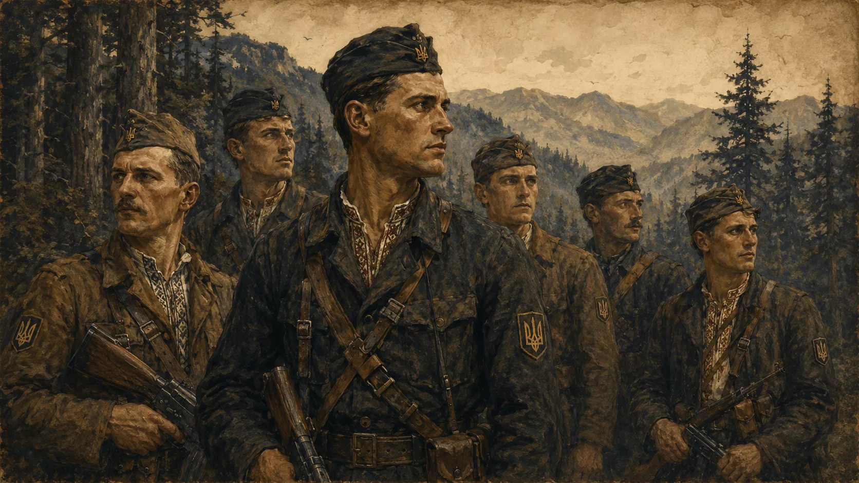 Українські повстанці у мазепинках 1943 в Карпатському лісі