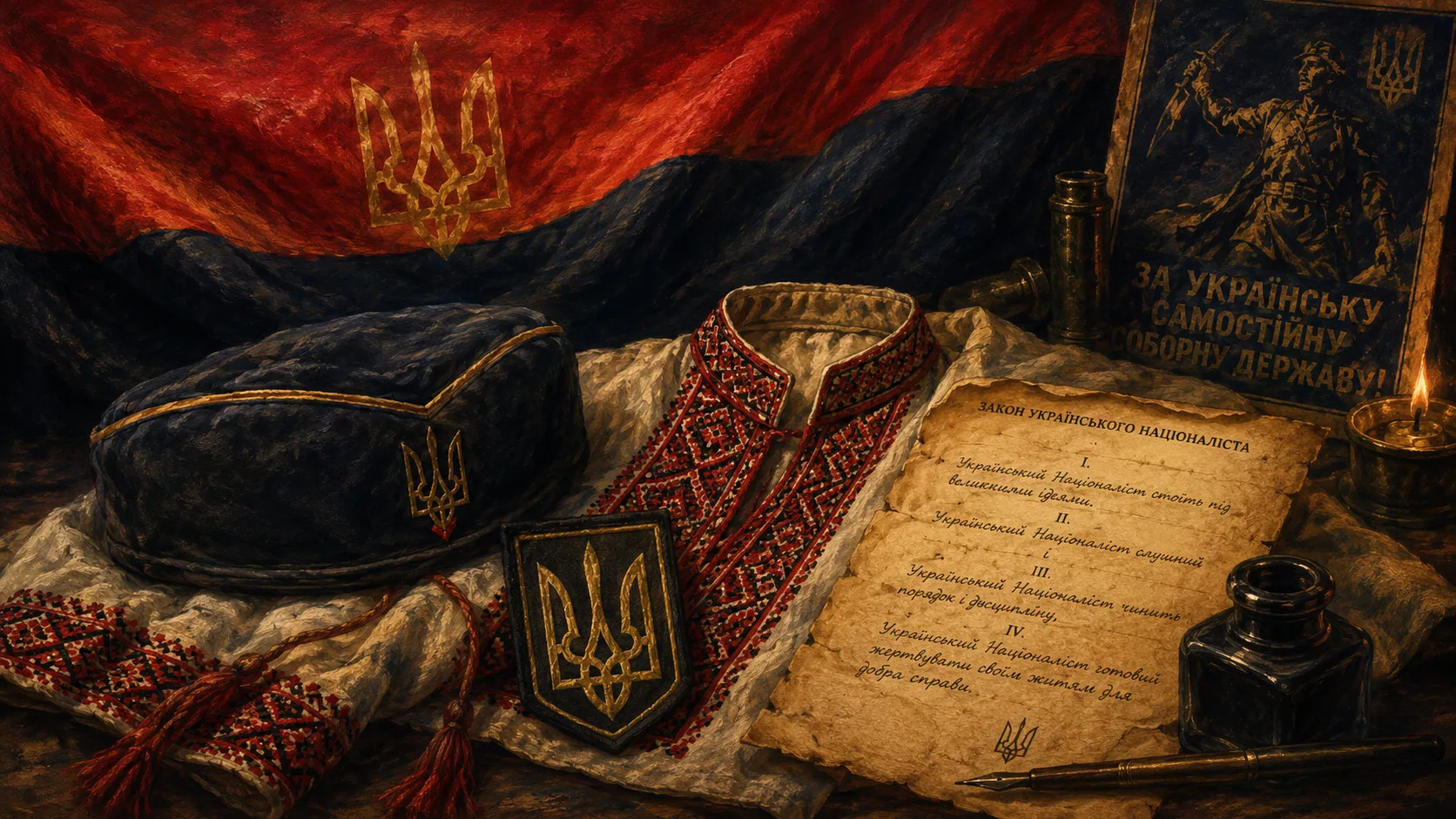 Символіка УПА: червоно-чорний прапор, мазепинка, тризуб