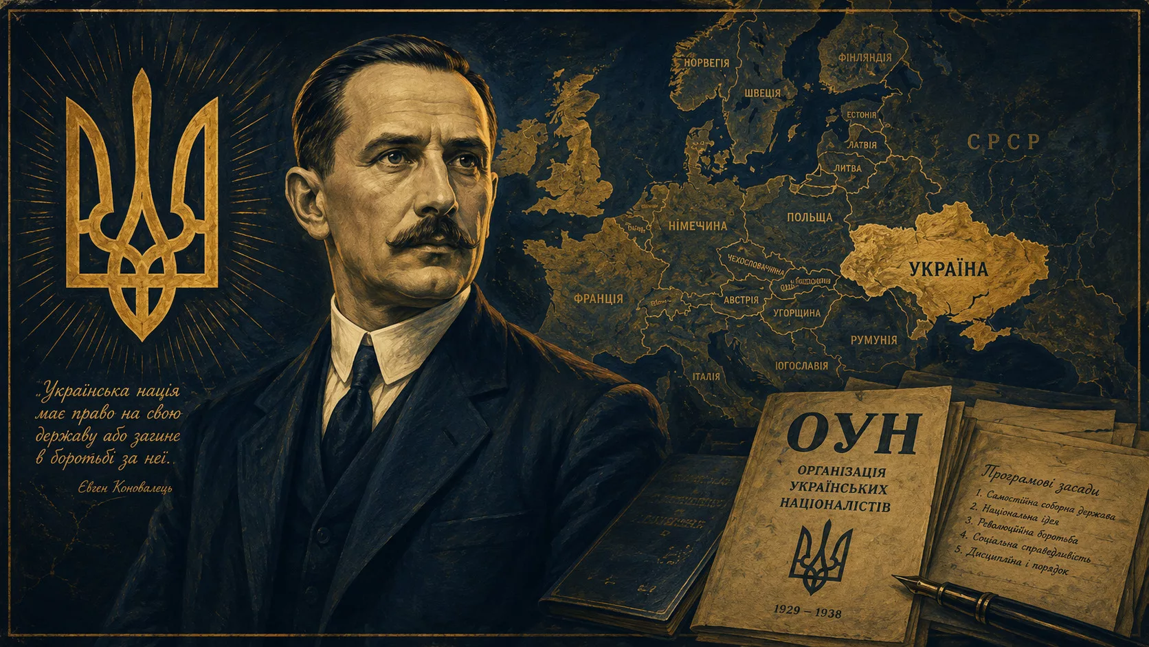 Портрет українського лідера 1930-х: середніх літ чоловік на тлі мапи