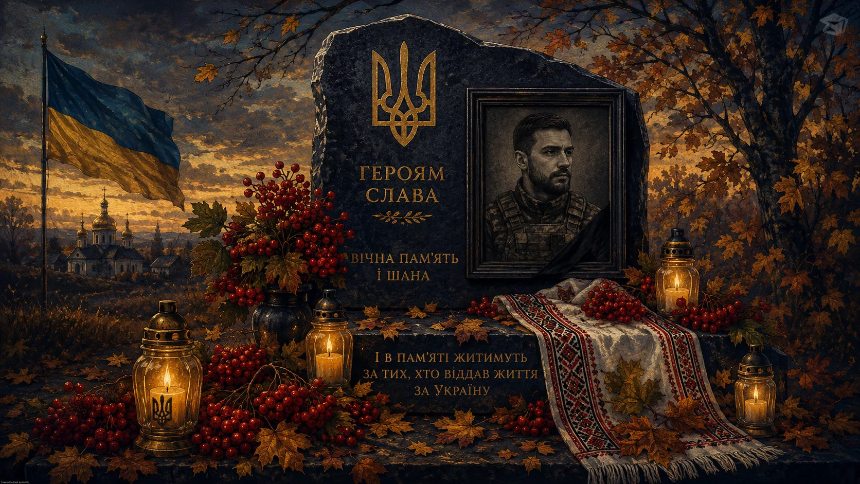 Меморіальна композиція: тризуб, калина, свічки, рушник