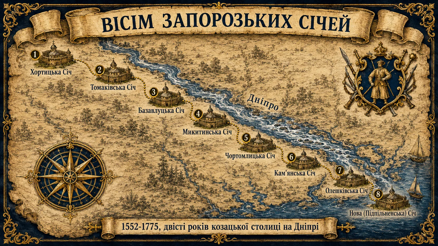 Вісім історичних Запорозьких Січей на Дніпрі