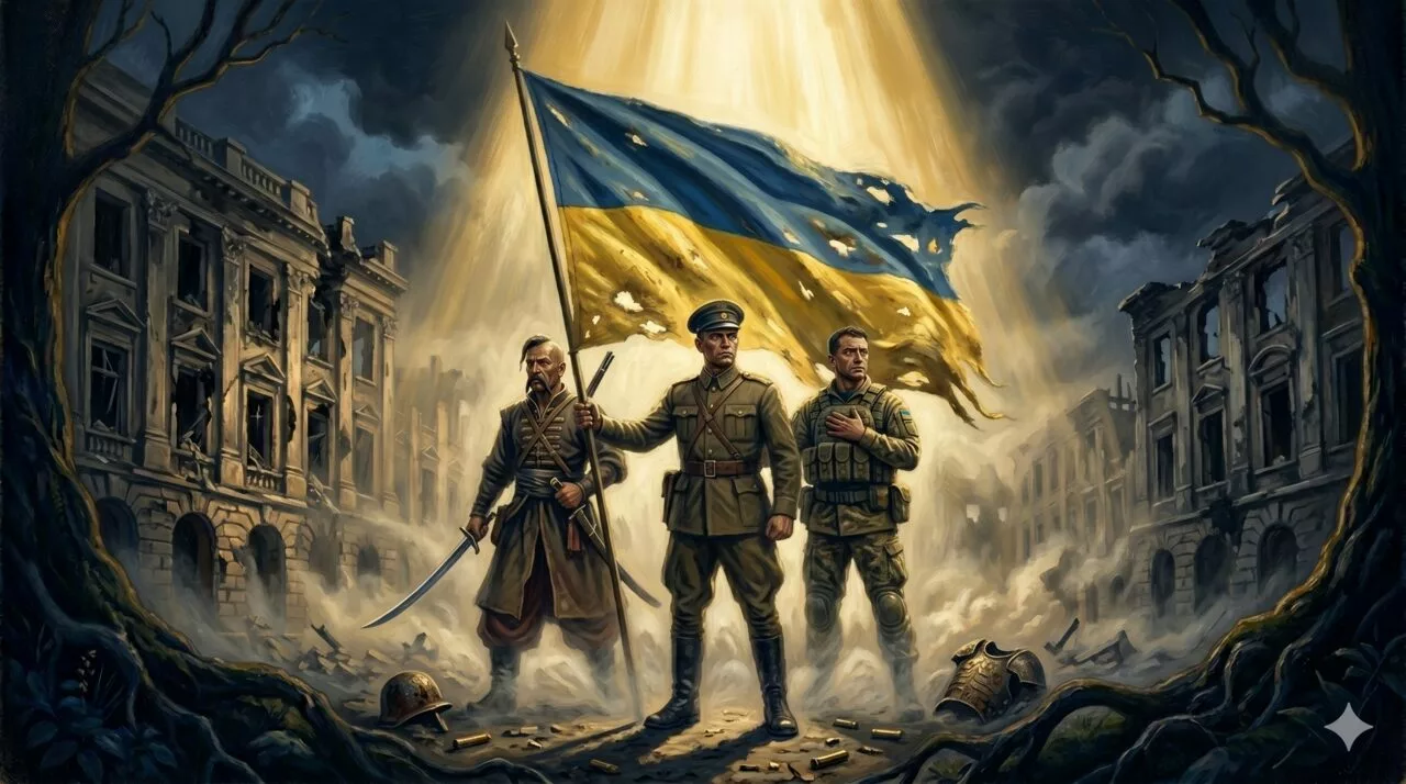 Три покоління українських воїнів — козак, січовий стрілець, сучасний солдат — пліч-о-пліч