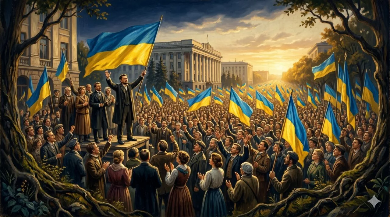 Мітинг за незалежність України 1991 року із синьо-жовтими прапорами